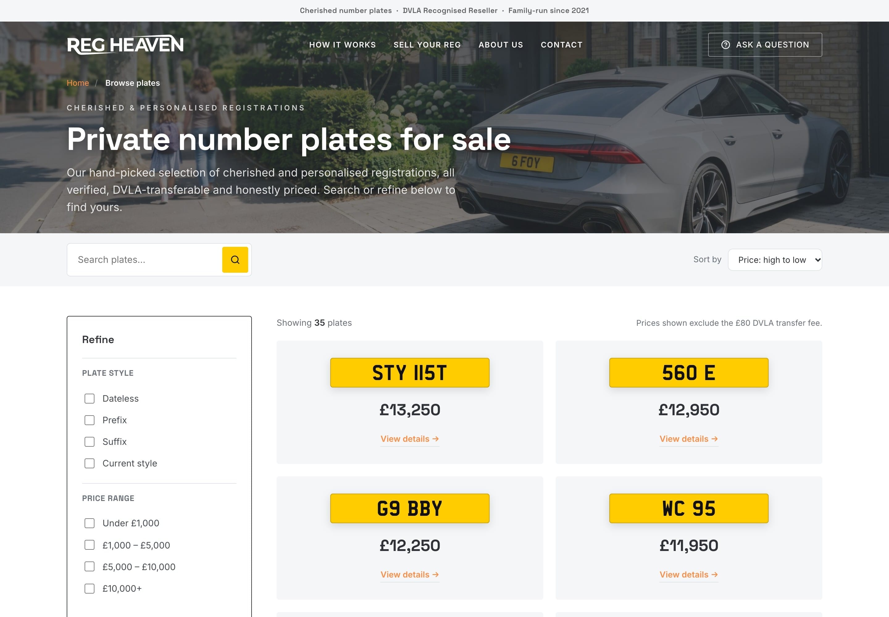 The Private number plates for sale page: a search box and filters for plate style and price beside a grid of yellow registrations with their prices.