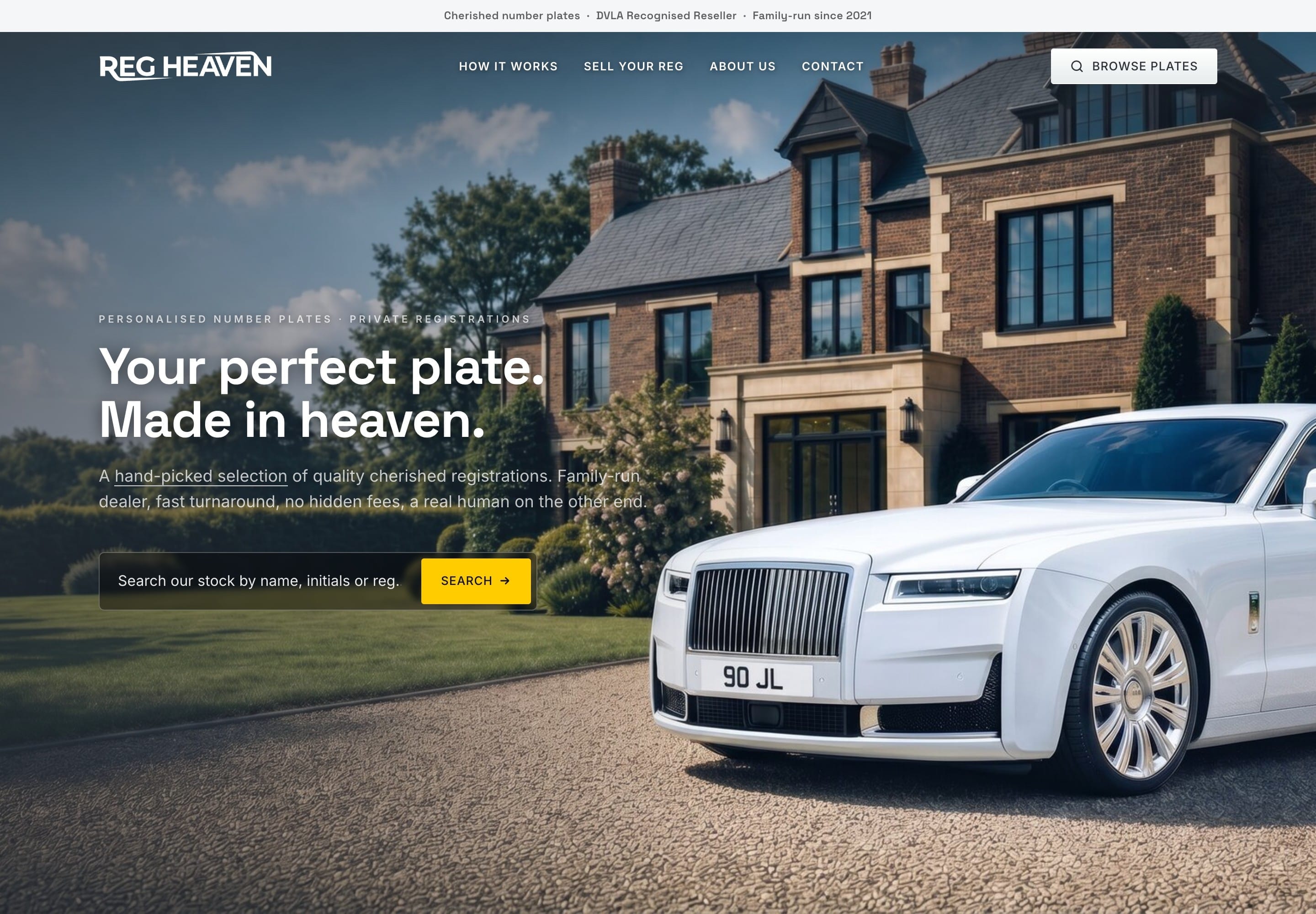 The Reg Heaven home page: the headline "Your perfect plate. Made in heaven." and a plate search box, beside a white Rolls-Royce outside a country house.