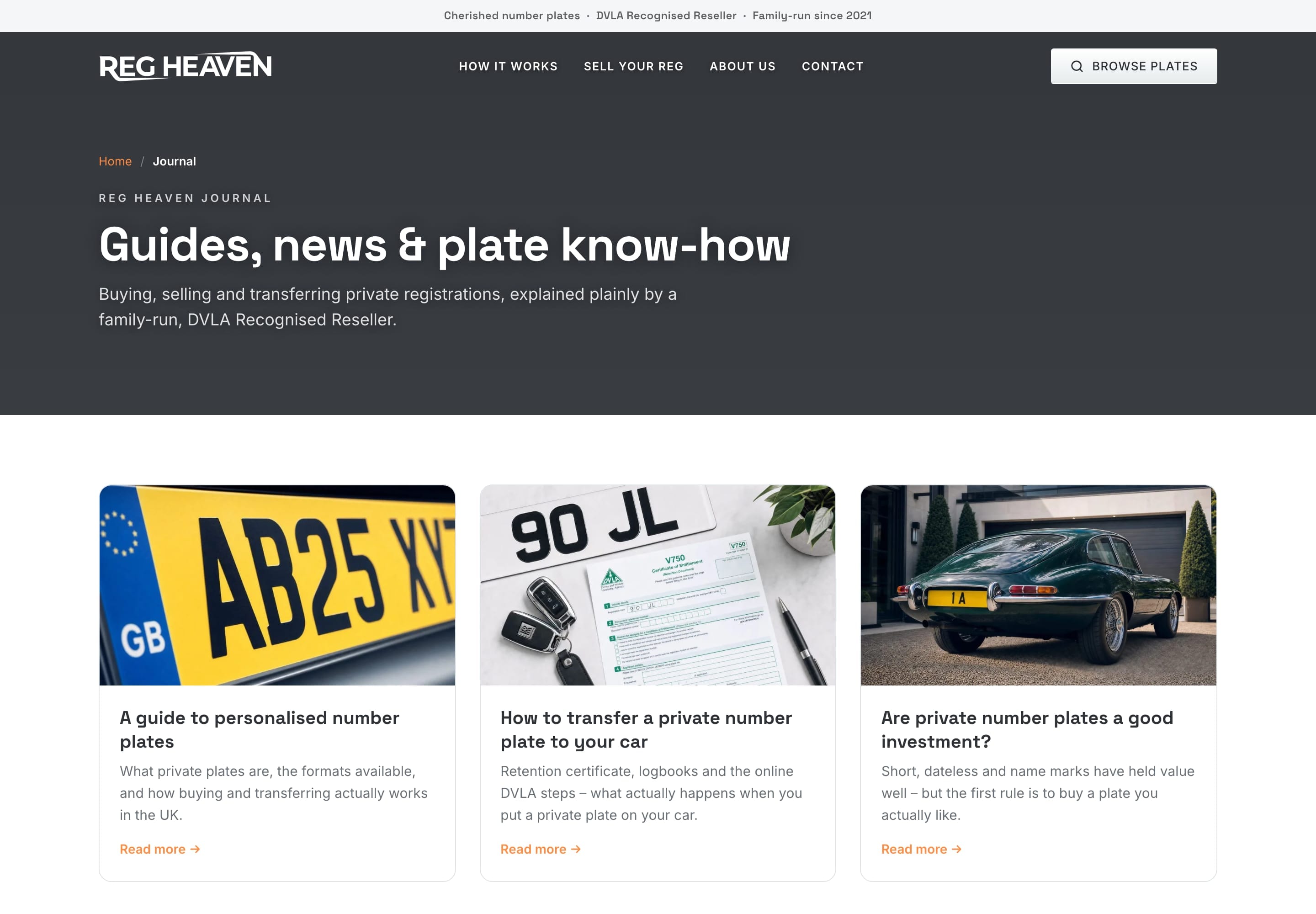The Journal: "Guides, news & plate know-how" above three guides – personalised number plates, transferring a plate, and whether plates are a good investment.