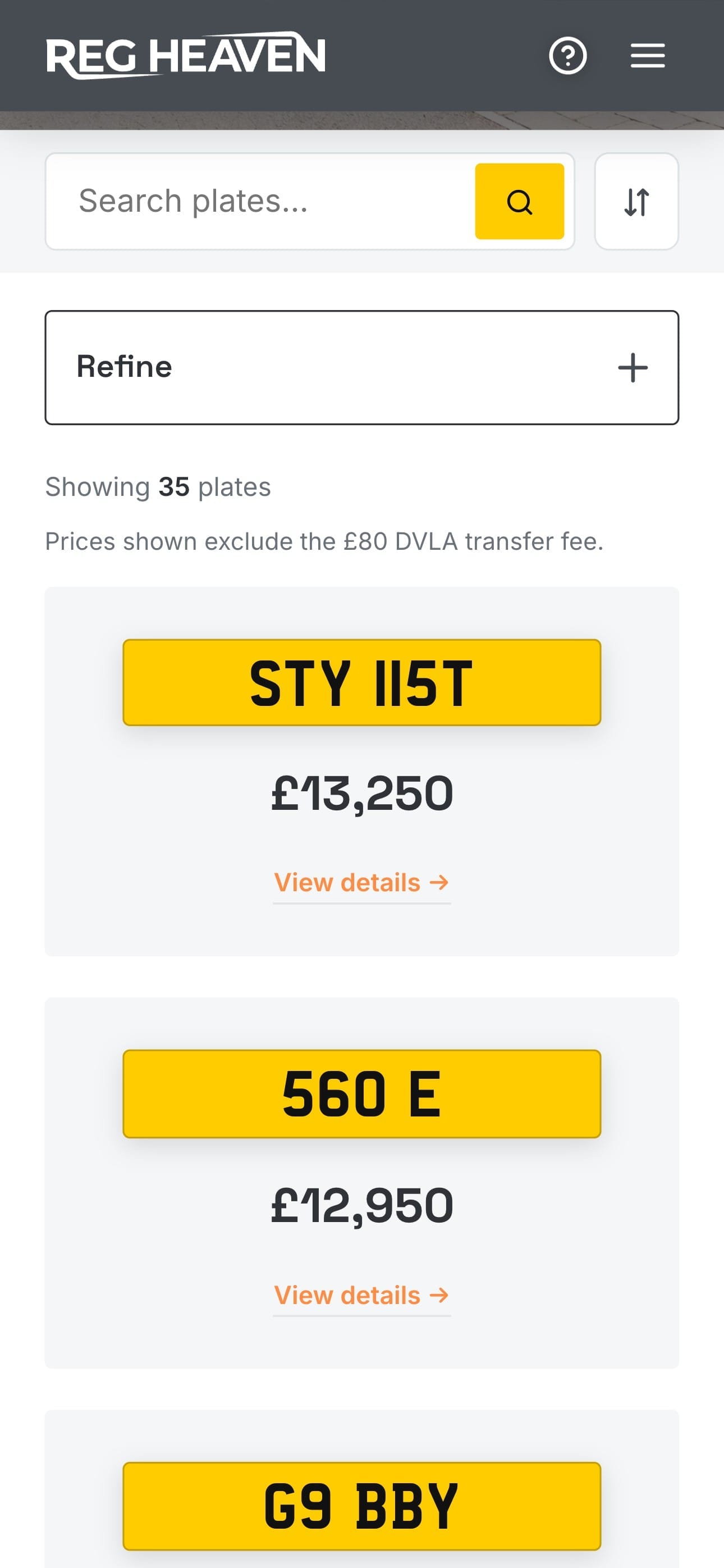 Browsing plates on a phone: a search box and Refine button above registrations and their prices.