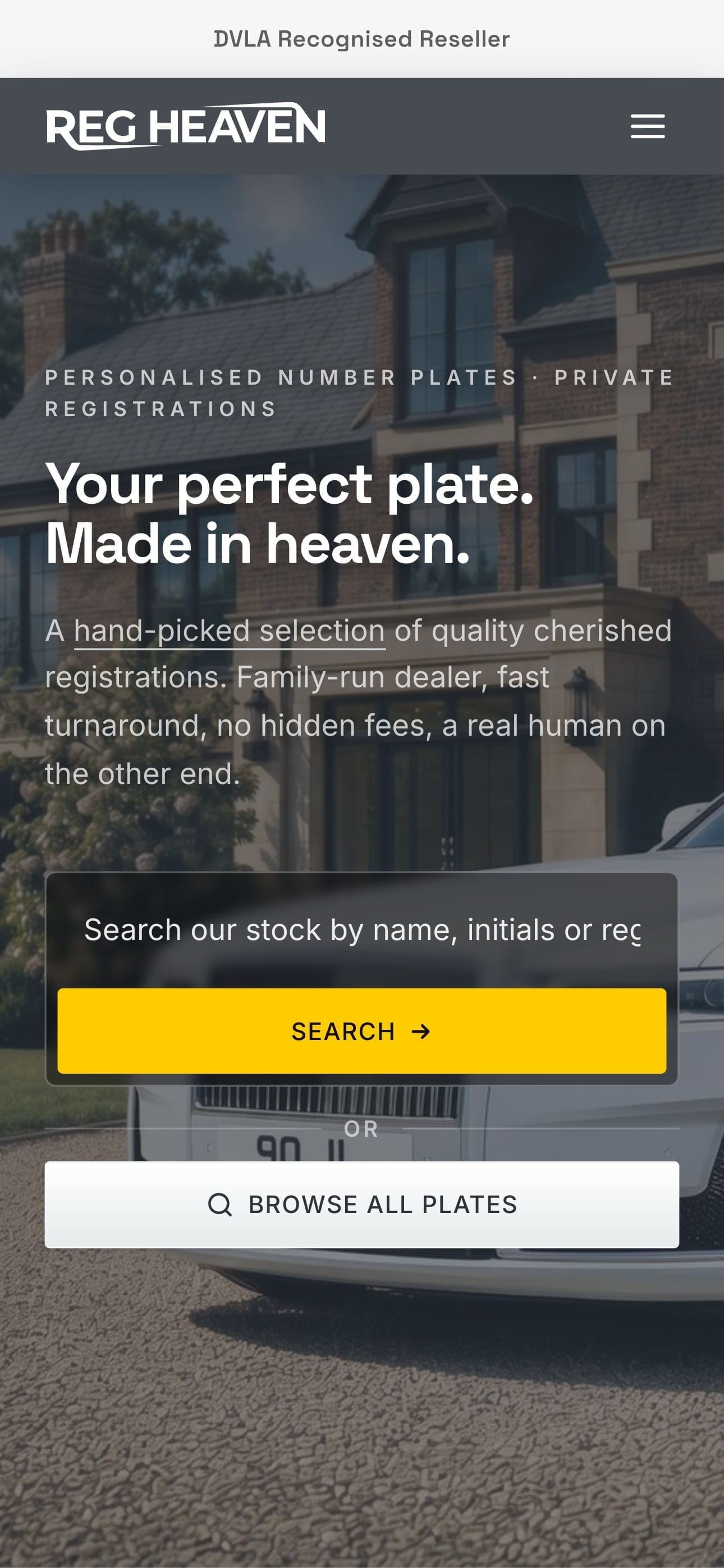 The home page on a phone, with the headline above the plate search and a Browse all plates button.
