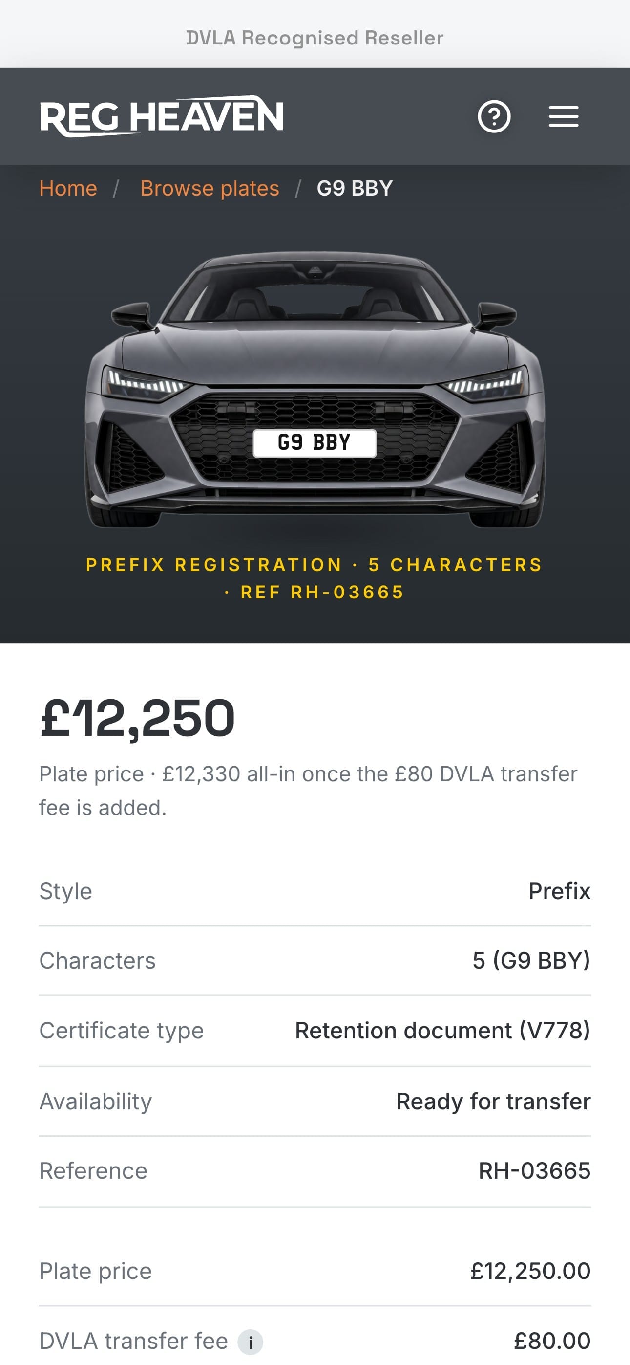 The G9 BBY plate page on a phone, with the car above the price and the plate's details.