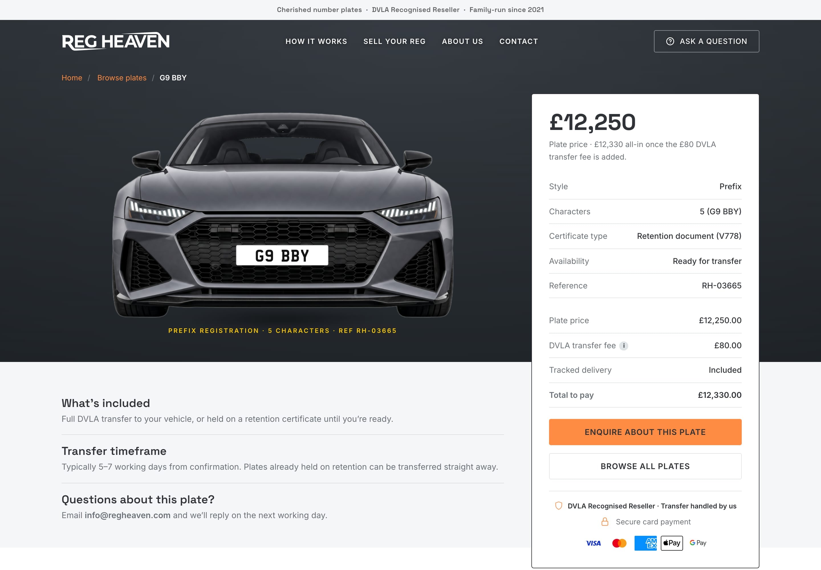 The page for the registration G9 BBY, shown on a grey sports car, beside a price breakdown with the DVLA transfer fee, the total and an Enquire about this plate button.