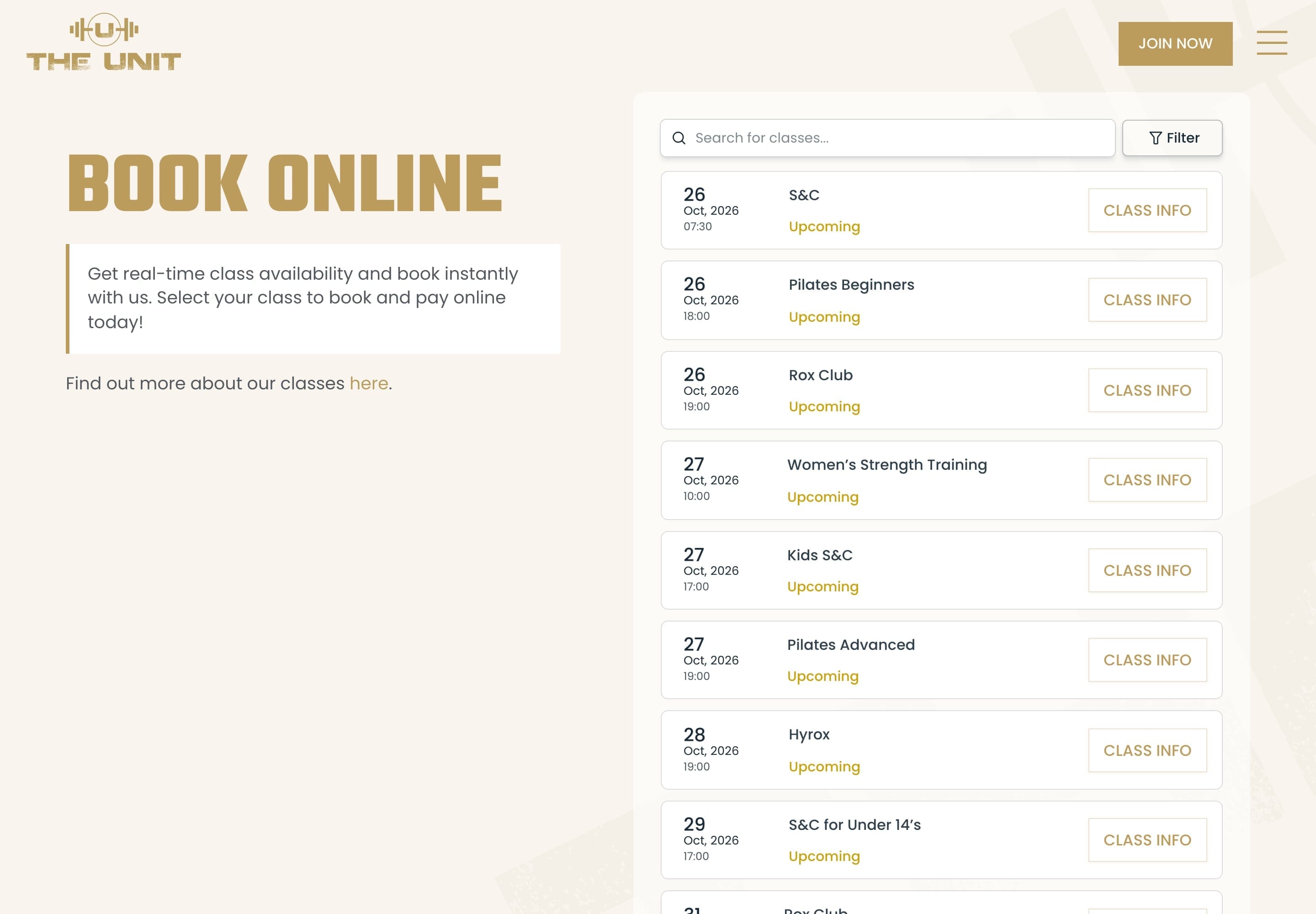The Book online page: a searchable list of upcoming classes – S&C, Pilates, Rox Club, Women’s Strength Training and more – each with its date, time and a Class info button.