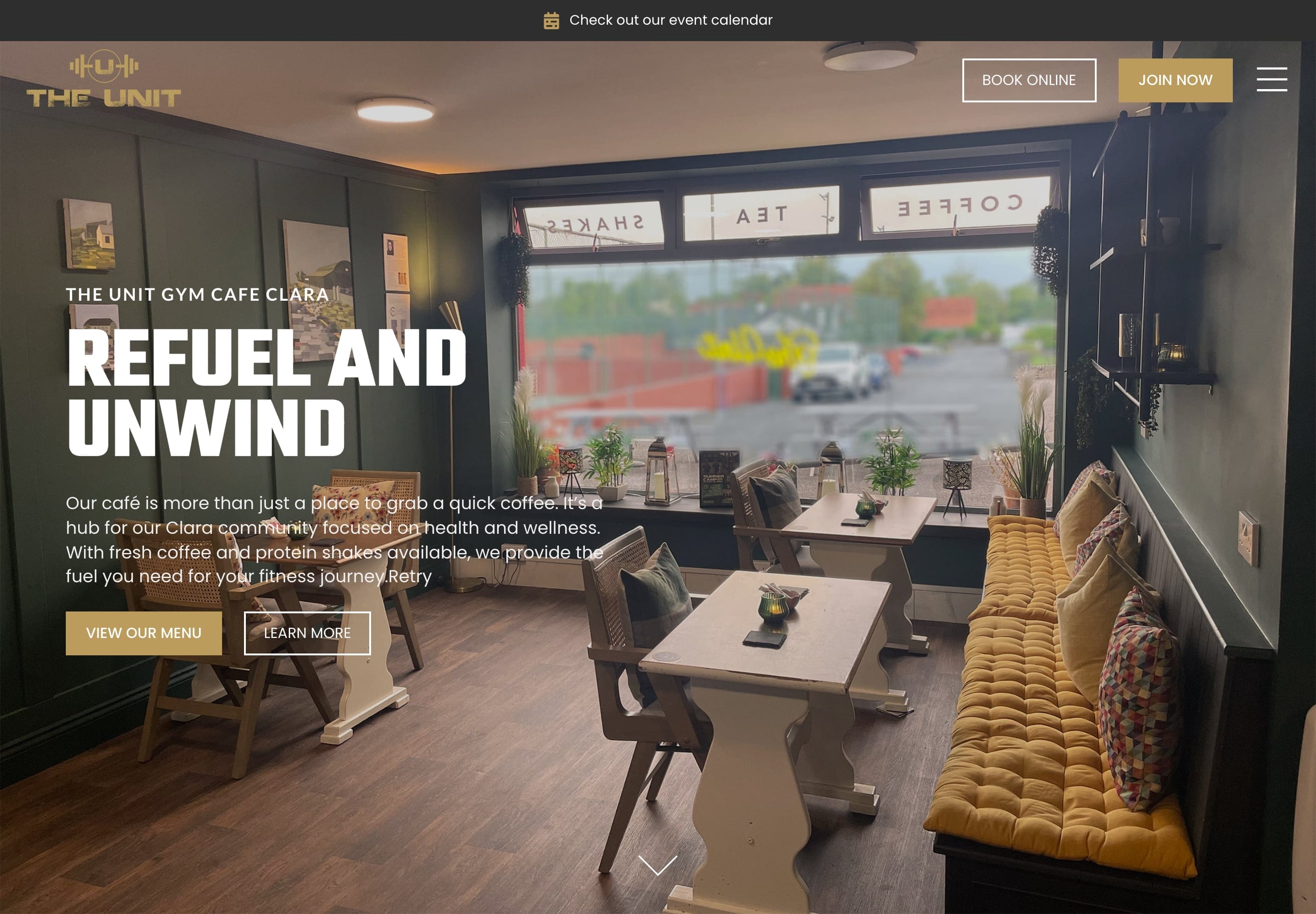 The café page: "Refuel and unwind" over a photograph of the café, with a View our menu button.