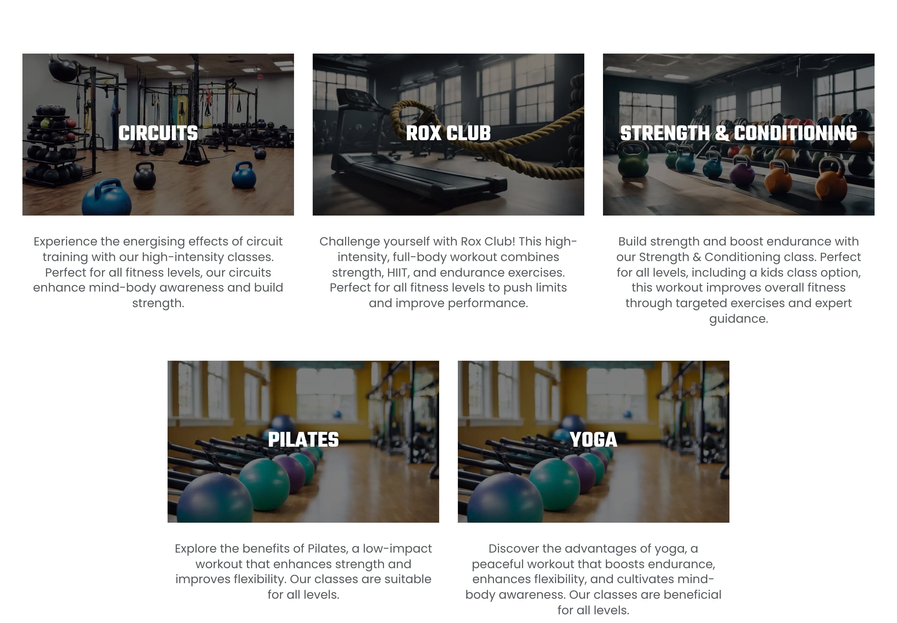 The classes page: photo cards for Circuits, Rox Club, Strength & Conditioning, Pilates and Yoga, each with a short description.