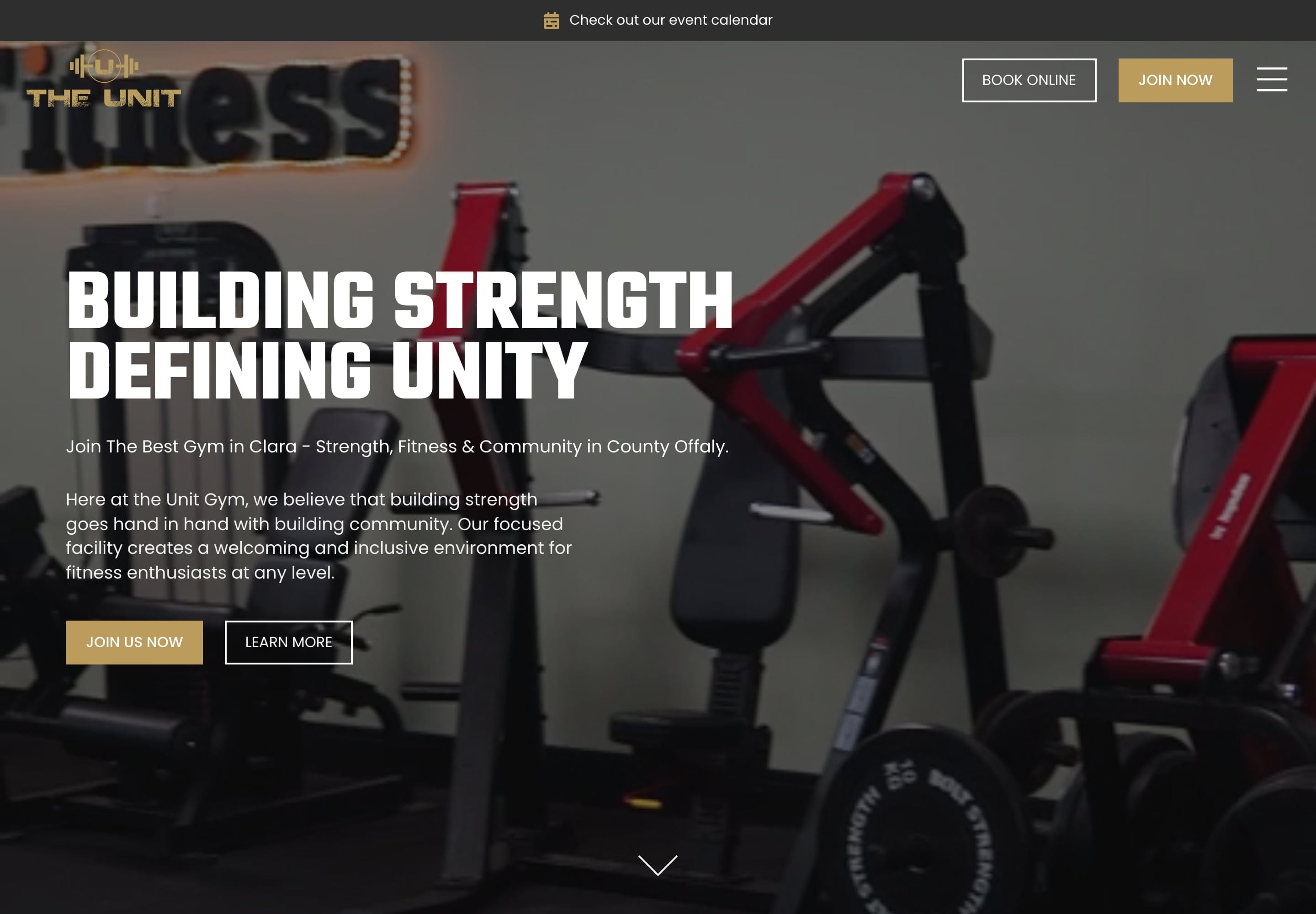 The Unit Gym home page: the headline "Building strength, defining unity" with Join us now and Learn more buttons, over a video of the gym floor.