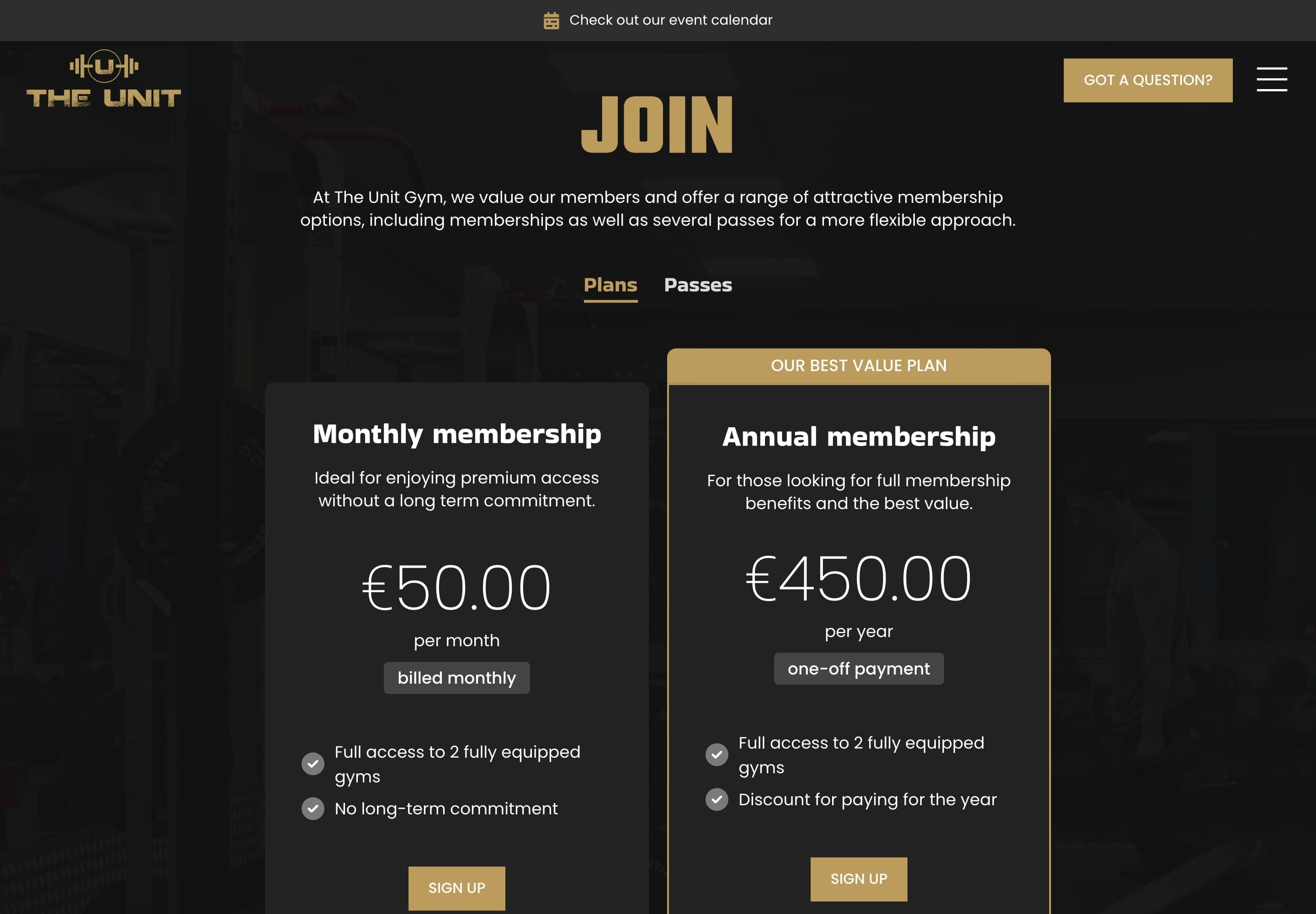 The Join page: monthly membership at €50 a month beside the best-value annual membership at €450 a year, with tabs for plans and passes.