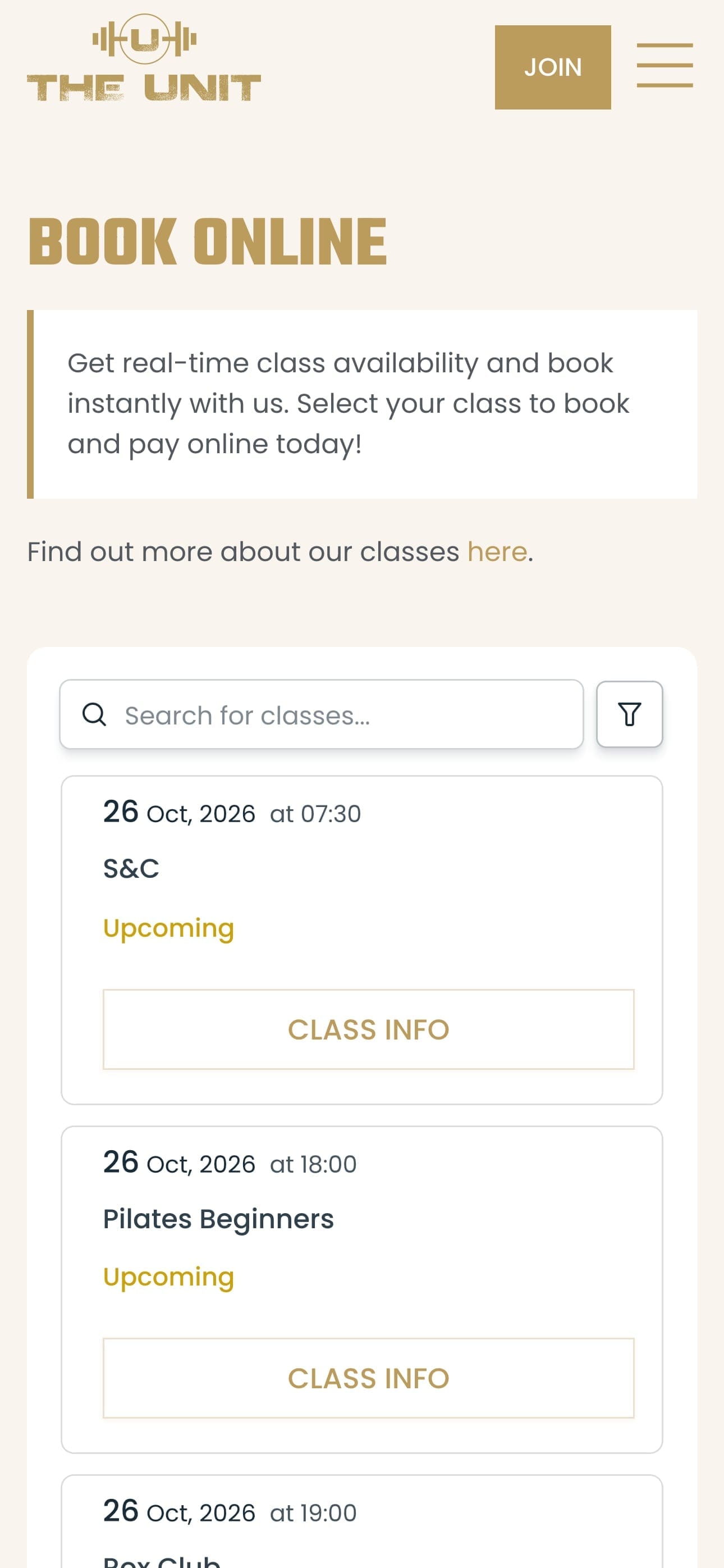Booking a class on a phone: upcoming classes listed by date and time, each with a Class info button.