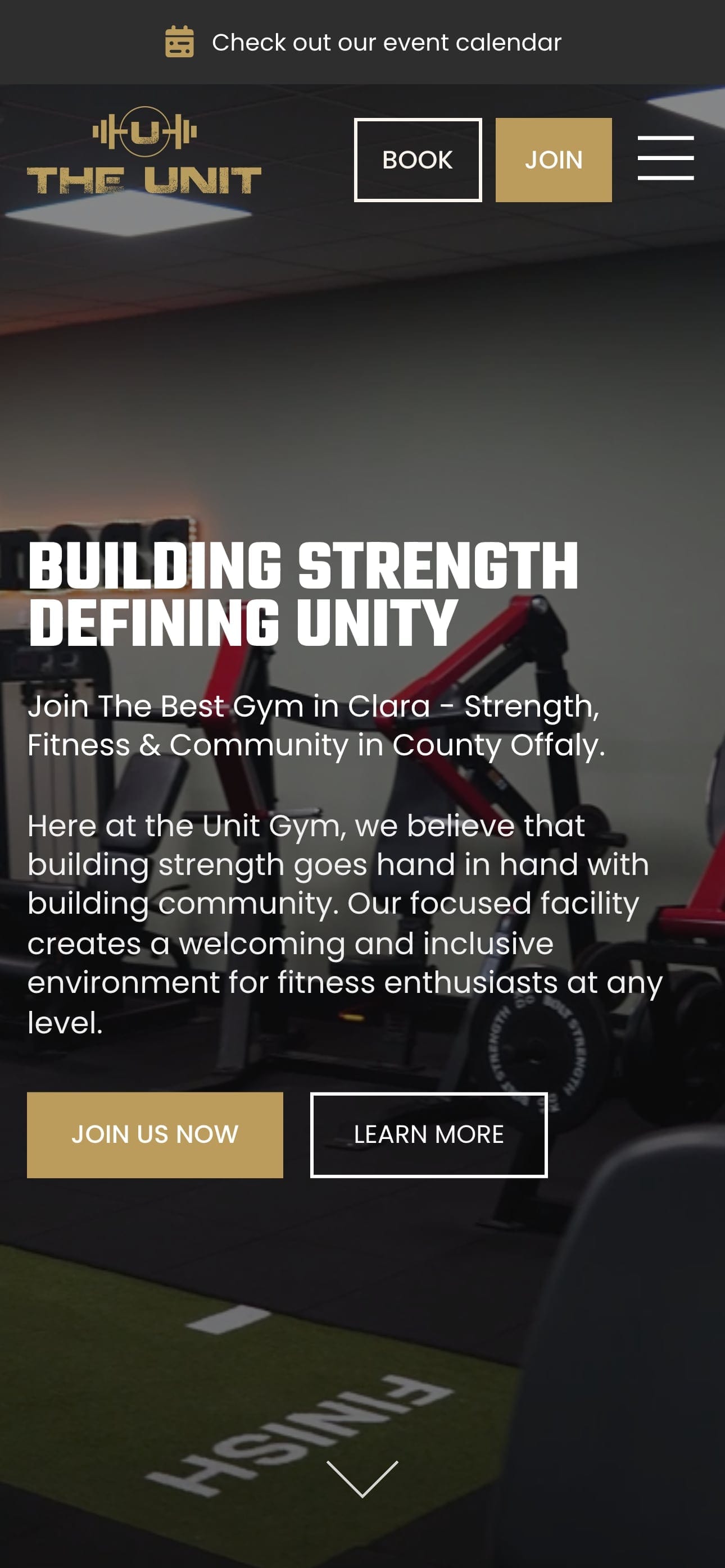 The home page on a phone, with Book and Join buttons in the header and the headline over the gym floor.