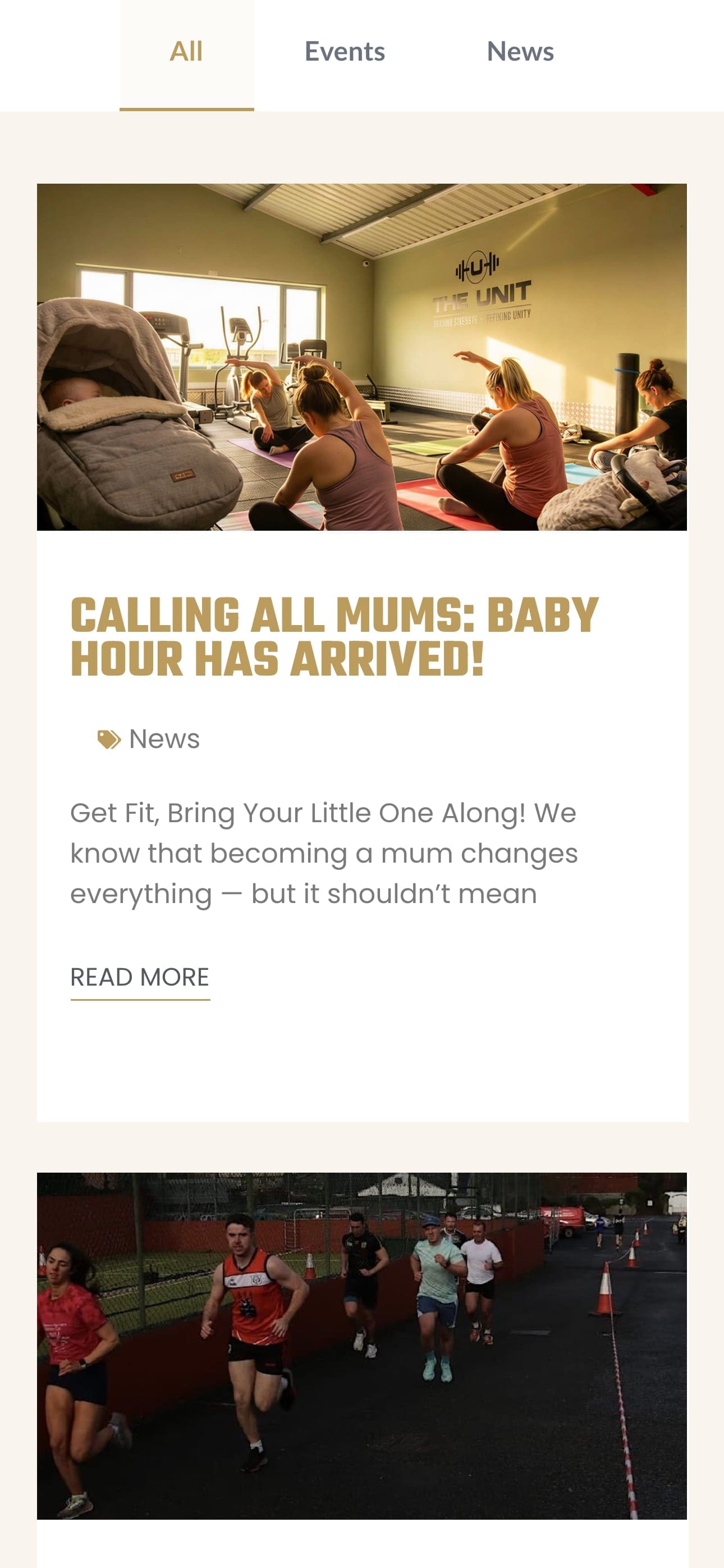 News & Events on a phone, with tabs for all posts, events and news above the latest post.
