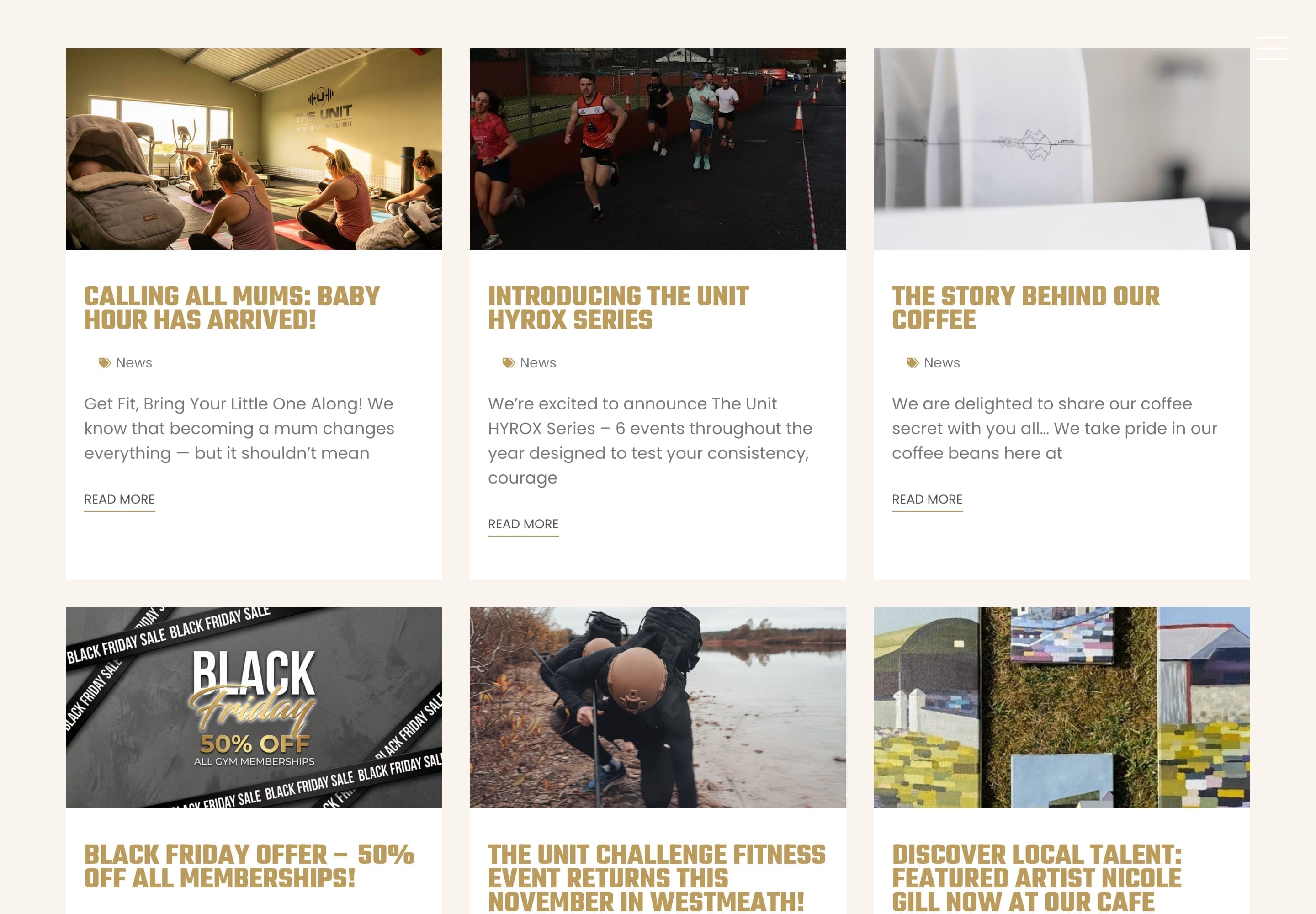 News & Events: a grid of posts with photographs, from a new baby hour for mums to the Hyrox series and a Black Friday offer.